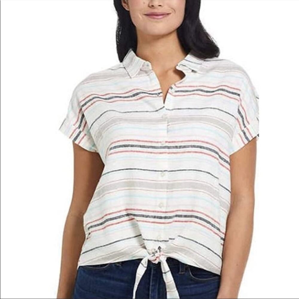 Weatherproof Front Knot Linen Button Up Top Blouse Medium